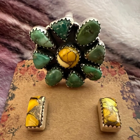 ❤️ Emerald Valley Turquoise Honey Dahlia Ring & Earring Set 925 Handmade - Picture 16 of 17
